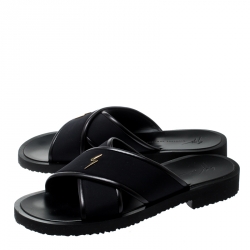 Giuseppe Zanotti Black Fabric And Leather Trim Slides Size 42