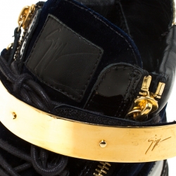 Pre Owned Giuseppe Zanotti Black/Navy Blue Velvet and Patent Leather Coby High Top Sneakers Size 44