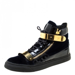 Pre Owned Giuseppe Zanotti Black/Navy Blue Velvet and Patent Leather Coby High Top Sneakers Size 44