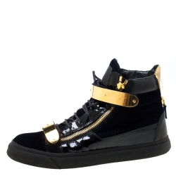 Pre Owned Giuseppe Zanotti Black/Navy Blue Velvet and Patent Leather Coby High Top Sneakers Size 44