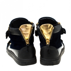 Pre Owned Giuseppe Zanotti Black/Navy Blue Velvet and Patent Leather Coby High Top Sneakers Size 44