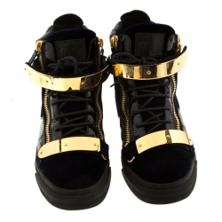 Pre Owned Giuseppe Zanotti Black/Navy Blue Velvet and Patent Leather Coby High Top Sneakers Size 44
