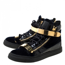 Pre Owned Giuseppe Zanotti Black/Navy Blue Velvet and Patent Leather Coby High Top Sneakers Size 44