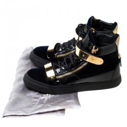 Pre Owned Giuseppe Zanotti Black/Navy Blue Velvet and Patent Leather Coby High Top Sneakers Size 44
