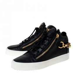 Pre Owned Giuseppe Zanotti Black Leather London Chain Embellished High Top Sneakers Size 44