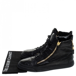 Pre Owned Giuseppe Zanotti Black Croc Embossed Leather Double Zipper High Top Sneakers Size 45