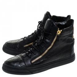 Pre Owned Giuseppe Zanotti Black Croc Embossed Leather Double Zipper High Top Sneakers Size 45
