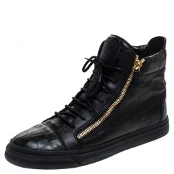 Pre Owned Giuseppe Zanotti Black Croc Embossed Leather Double Zipper High Top Sneakers Size 45