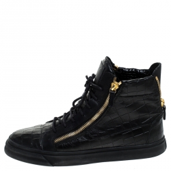 Pre Owned Giuseppe Zanotti Black Croc Embossed Leather Double Zipper High Top Sneakers Size 45