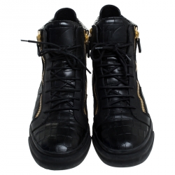 Pre Owned Giuseppe Zanotti Black Croc Embossed Leather Double Zipper High Top Sneakers Size 45