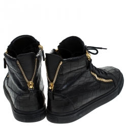 Pre Owned Giuseppe Zanotti Black Croc Embossed Leather Double Zipper High Top Sneakers Size 45