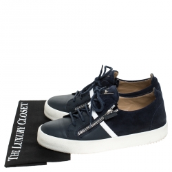 Pre Owned Giuseppe Zanotti Blue Leather And Suede May London Double Zip Low Top Sneakers Size 42.5