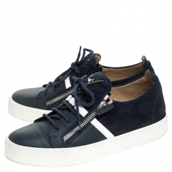 Pre Owned Giuseppe Zanotti Blue Leather And Suede May London Double Zip Low Top Sneakers Size 42.5