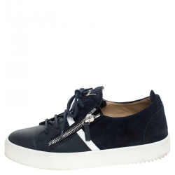 Pre Owned Giuseppe Zanotti Blue Leather And Suede May London Double Zip Low Top Sneakers Size 42.5