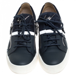 Pre Owned Giuseppe Zanotti Blue Leather And Suede May London Double Zip Low Top Sneakers Size 42.5