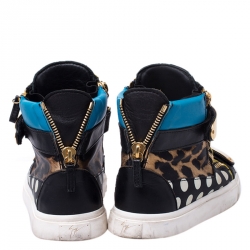 Giuseppe Zanotti Multicolor Leopard/Polka Dot Satin And Leather High Top Sneakers Size 41