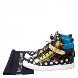 Giuseppe Zanotti Multicolor Leopard/Polka Dot Satin And Leather High Top Sneakers Size 41