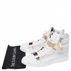 Pre Owned Giuseppe Zanotti White/Gold Leather Coby High Top Sneakers Size 44