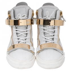 Pre Owned Giuseppe Zanotti White/Gold Leather Coby High Top Sneakers Size 44