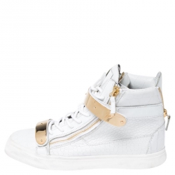 Pre Owned Giuseppe Zanotti White/Gold Leather Coby High Top Sneakers Size 44