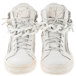 Giuseppe Zanotti White Leather Metal Chain Embellished High Top Sneakers Size 41
