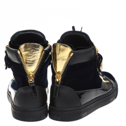 Pre Owned Giuseppe Zanotti Black/Navy Blue Velvet and Patent Leather Coby High Top Sneakers Size 44