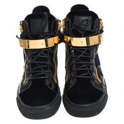 Pre Owned Giuseppe Zanotti Black/Navy Blue Velvet and Patent Leather Coby High Top Sneakers Size 44