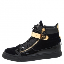 Pre Owned Giuseppe Zanotti Black/Navy Blue Velvet and Patent Leather Coby High Top Sneakers Size 44