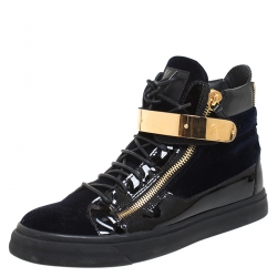 Pre Owned Giuseppe Zanotti Black/Navy Blue Velvet and Patent Leather Coby High Top Sneakers Size 44