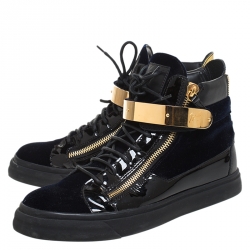 Pre Owned Giuseppe Zanotti Black/Navy Blue Velvet and Patent Leather Coby High Top Sneakers Size 44