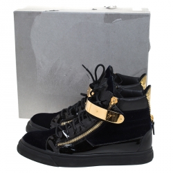 Pre Owned Giuseppe Zanotti Black/Navy Blue Velvet and Patent Leather Coby High Top Sneakers Size 44