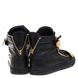 Pre Owned Giuseppe Zanotti Black/Gold Croc Embossed Leather High Top Lace Up Sneakers Size 45