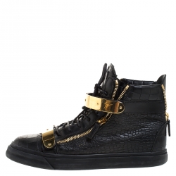 Pre Owned Giuseppe Zanotti Black/Gold Croc Embossed Leather High Top Lace Up Sneakers Size 45