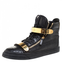 Pre Owned Giuseppe Zanotti Black/Gold Croc Embossed Leather High Top Lace Up Sneakers Size 45