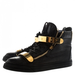 Pre Owned Giuseppe Zanotti Black/Gold Croc Embossed Leather High Top Lace Up Sneakers Size 45