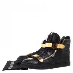 Pre Owned Giuseppe Zanotti Black/Gold Croc Embossed Leather High Top Lace Up Sneakers Size 45