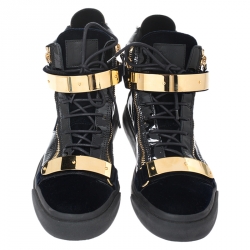 حذاء رياضي جوسيبي زانوتي مرتفع من أعلى كوبي جلد وقطيفة أسود مقاس 45