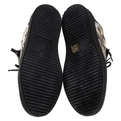 Pre Owned Giuseppe Zanotti Metallic Silver Logo Print Patent Leather Double Zip Lace Up Sneakers Size 43