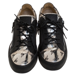 Pre Owned Giuseppe Zanotti Metallic Silver Logo Print Patent Leather Double Zip Lace Up Sneakers Size 43