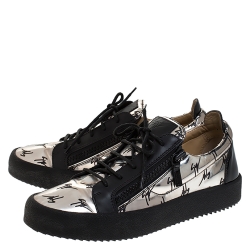 Pre Owned Giuseppe Zanotti Metallic Silver Logo Print Patent Leather Double Zip Lace Up Sneakers Size 43