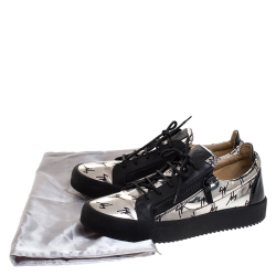 Pre Owned Giuseppe Zanotti Metallic Silver Logo Print Patent Leather Double Zip Lace Up Sneakers Size 43