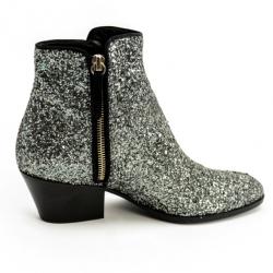 Pre Owned Giuseppe Zanotti Silver Glitter Mid Heel Ankle Boots Size 37