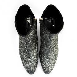 Pre Owned Giuseppe Zanotti Silver Glitter Mid Heel Ankle Boots Size 37