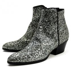 Pre Owned Giuseppe Zanotti Silver Glitter Mid Heel Ankle Boots Size 37