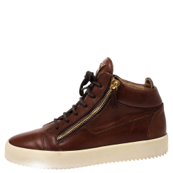 Giuseppe Zanotti Brown Leather Double Chain High Top Sneakers Size 42