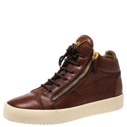 Giuseppe Zanotti Brown Leather Double Chain High Top Sneakers Size 42