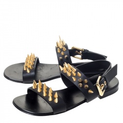 Giuseppe Zanotti Black Leather Zak Spike Flat Sandals Size 41