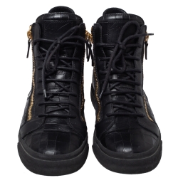 Pre Owned Giuseppe Zanotti Black Croc Embossed Leather Double Zip High Top Sneakers Size 41