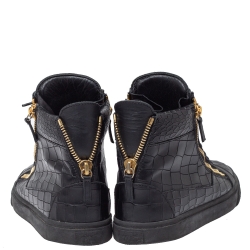 Pre Owned Giuseppe Zanotti Black Croc Embossed Leather Double Zip High Top Sneakers Size 41