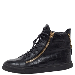 Pre Owned Giuseppe Zanotti Black Croc Embossed Leather Double Zip High Top Sneakers Size 41